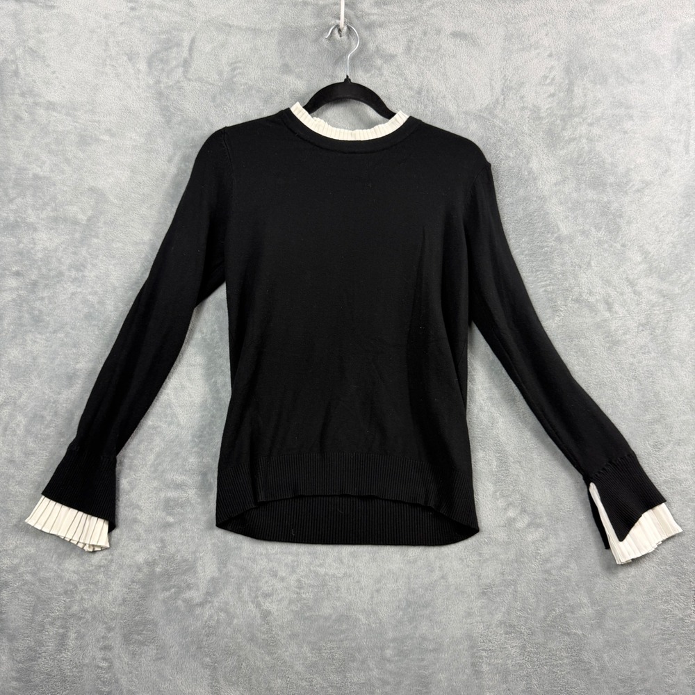 Villa Milano Womens M Black White Layered Pleated Cuff Crewneck Sweater Y69